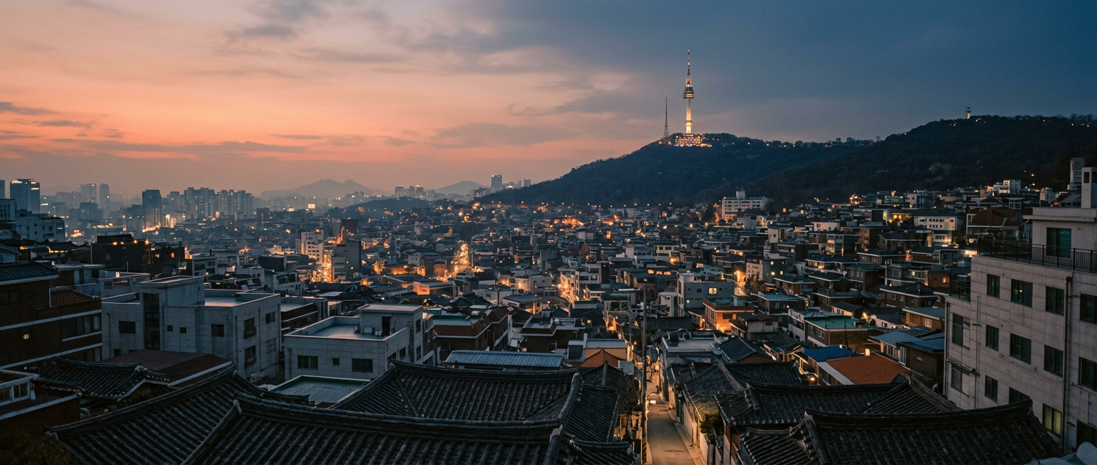 Seoul rooftops at dusk looking toward Namsan and N Seoul Tower