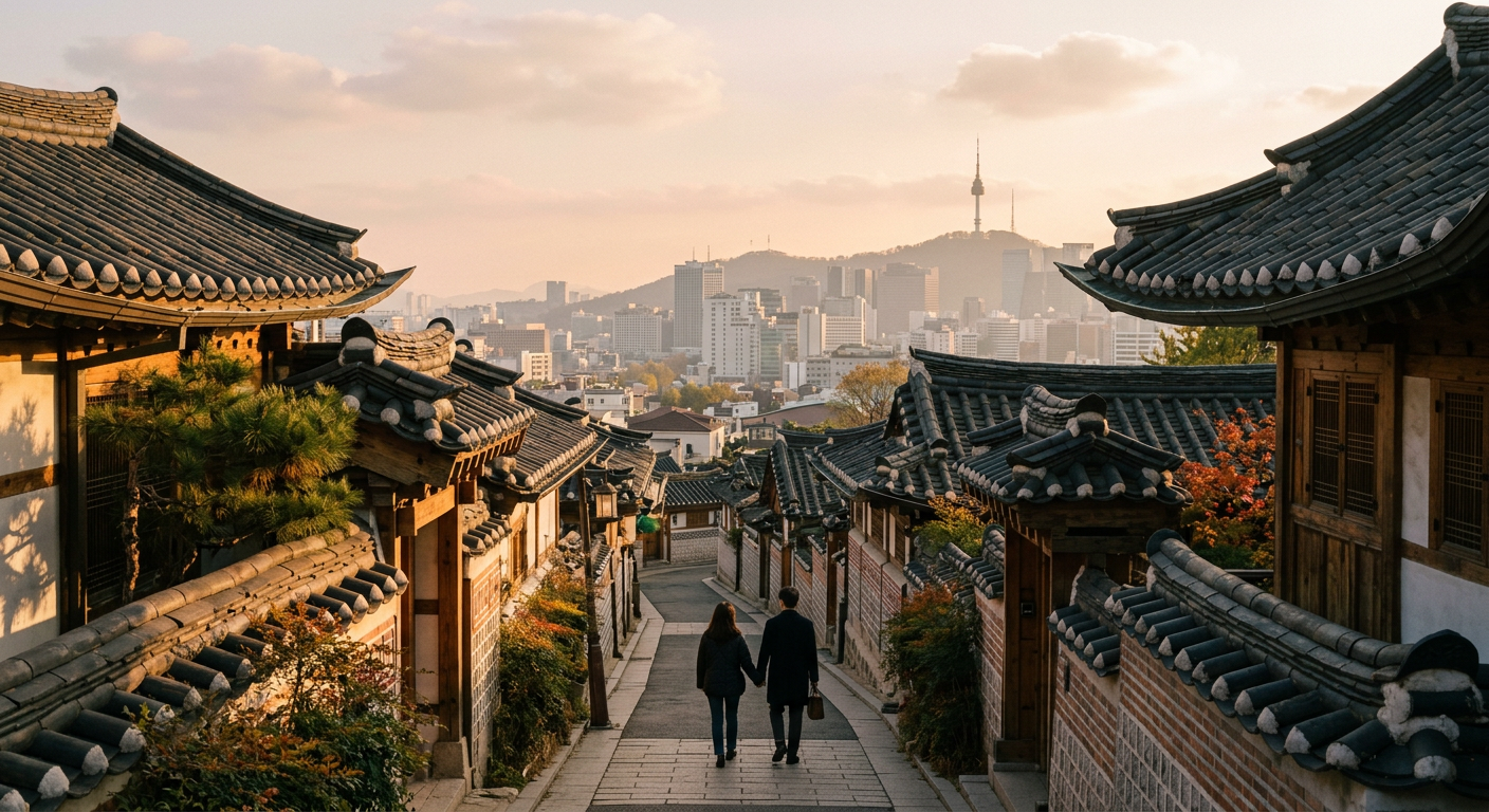 A couple walking through a quiet Bukchon hanok alley at golden hour, with the Seoul skyline and Namsan Tower beyond