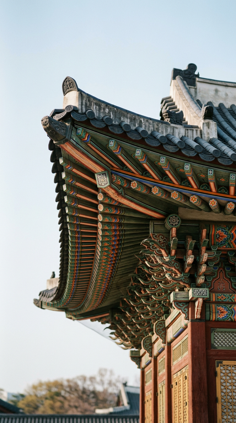 Painted dancheong eaves of a Seoul palace roof against a pale sky