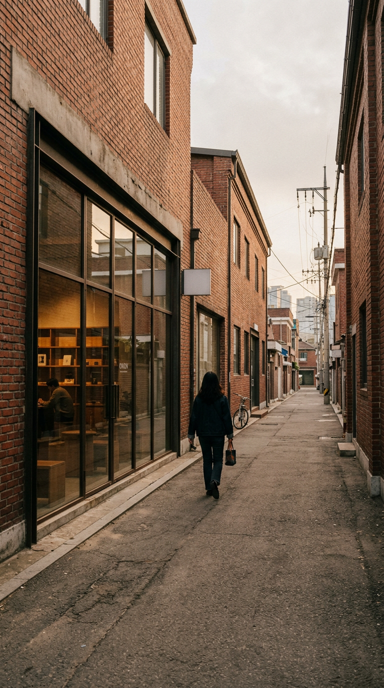 A red-brick café street in Seongsu-dong in soft afternoon light