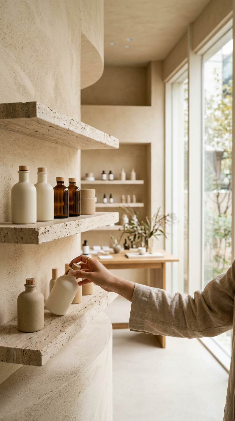 A minimalist skincare concept store in Hannam-dong with stone shelves and soft daylight