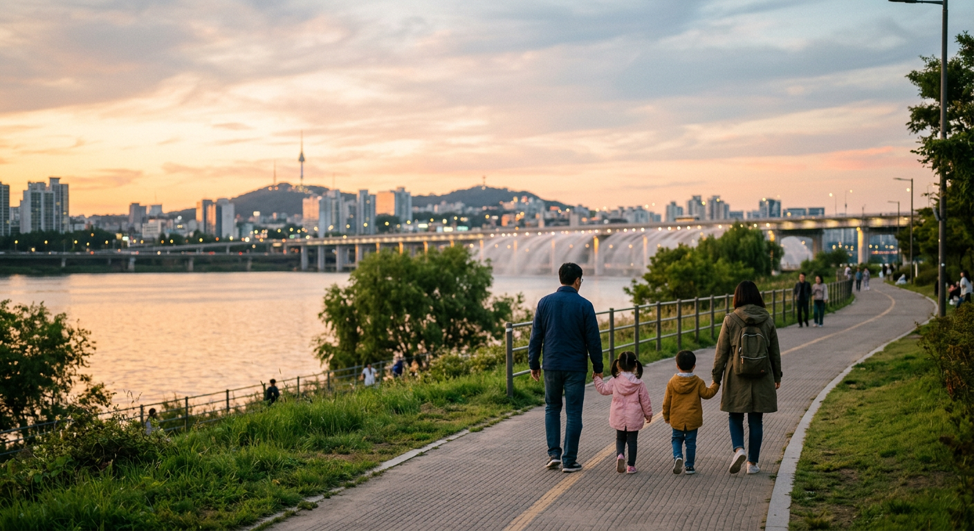 A family walking hand in hand along the Han River park at sunset