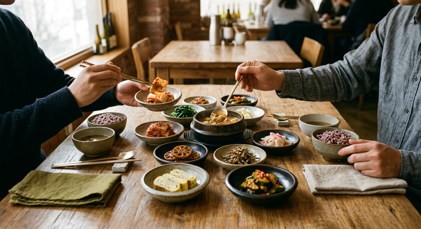 A contemporary Korean dinner table set with small ceramic dishes and brass chopsticks
